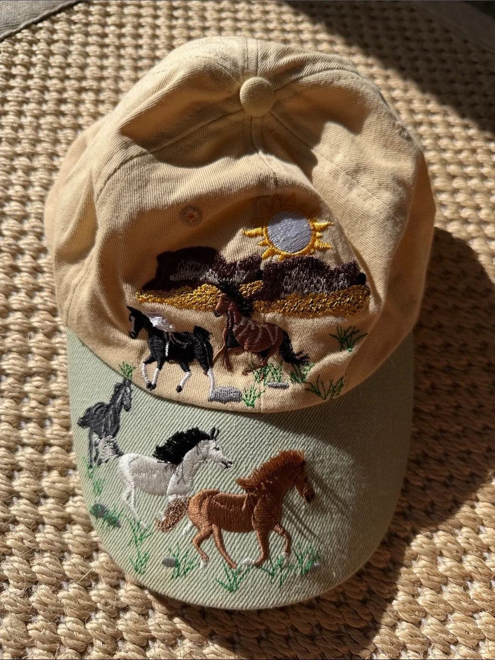 Vintage Beige & Sage Kids Hat with Embroidered Horses adjustable